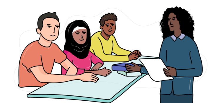 a group of people sitting around a table