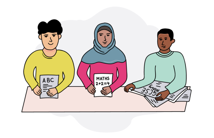 Three people sitting at a table holding papers labeled ABC, Maths (2+2=4), and Science