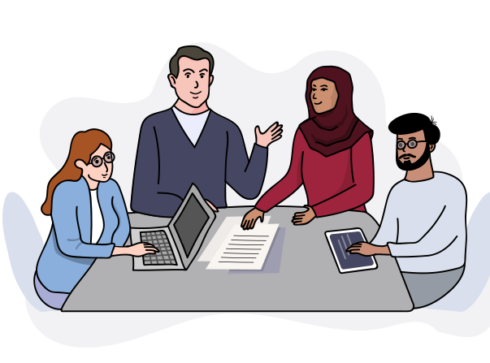 Two students in their workplace with their manager and teacher