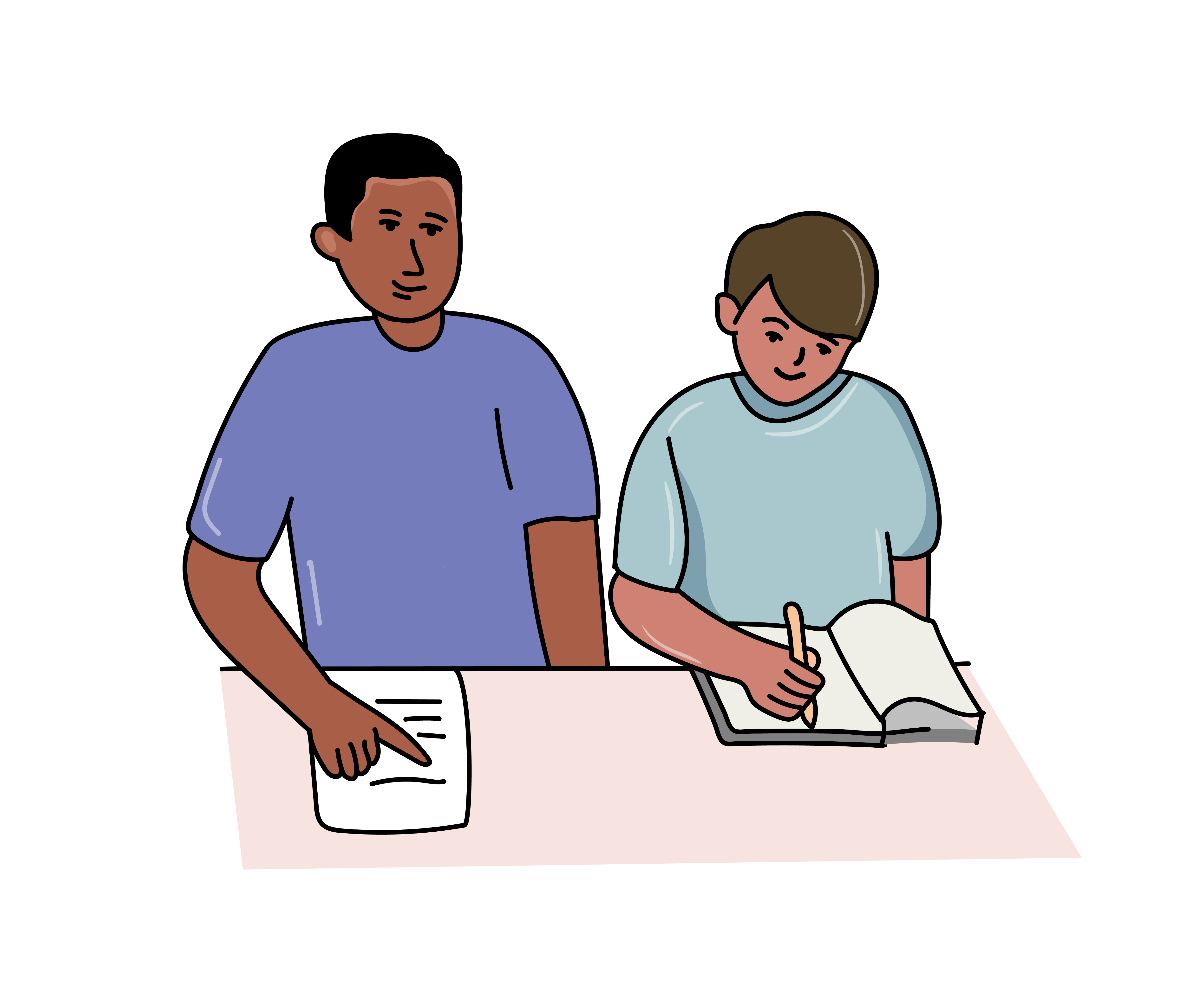Illustration 9 EAL Transparent Background Two children sat at a desk reading.