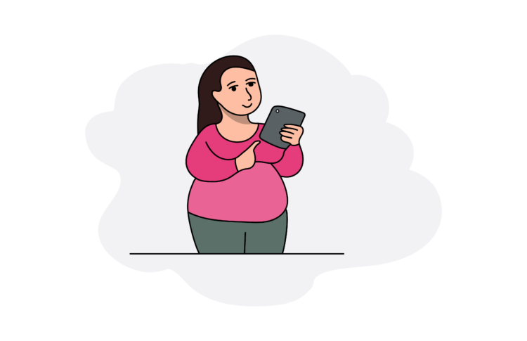 Illustration 12 Transparent Background Illustration 12 Copy Girl with long dark hair, a pink jumper and grey trousers, holding a grey tablet.