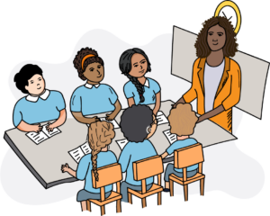 Teacher in an orange jacket stood in front of a board and clock speaking to a class of six children seated at a desk.