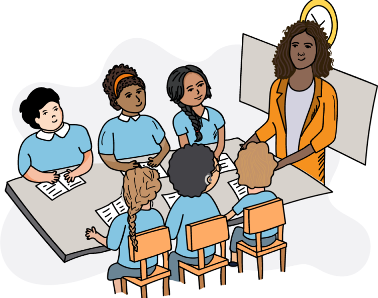 Teacher in an orange jacket stood in front of a board and clock speaking to a class of six children seated at a desk.