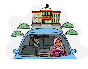 Cartoon illustration of a woman at the wheel of a car, with a child happily seated in the back seat, leaving the school.