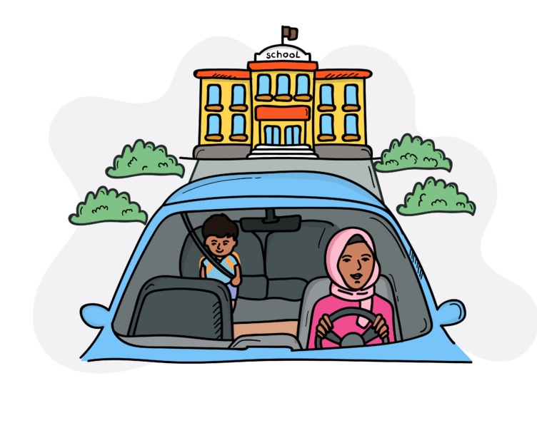 Cartoon illustration of a woman at the wheel of a car, with a child happily seated in the back seat, leaving the school.