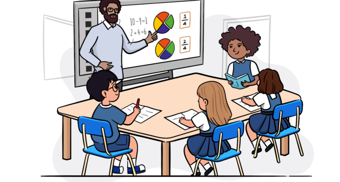 Male primary school teacher pointing at the board with some maths tasks on it