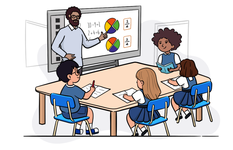 Male primary school teacher pointing at the board with some maths tasks on it