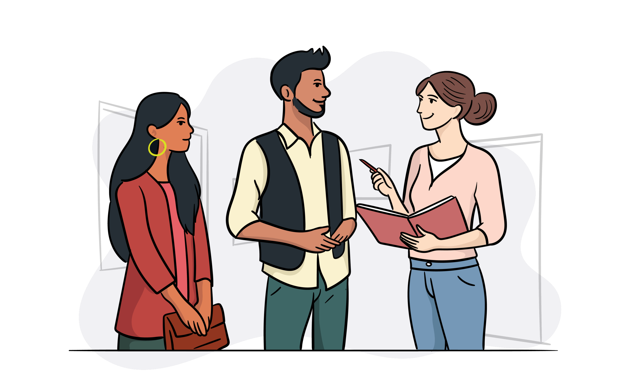  Two Parents Representing Different Ethnical Group Talking To A Teacher With An Interpreter. 