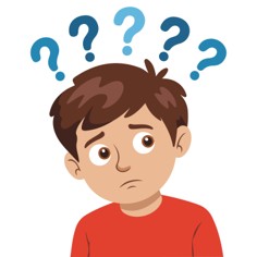 Child with question marks above their head as if unsure or thinking deeply.